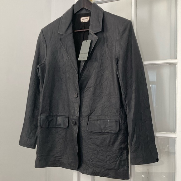 Zadig & Voltaire Lamb Leather Venturi Cuir Froisse Crinkle Effect Blazer - Picture 6 of 14